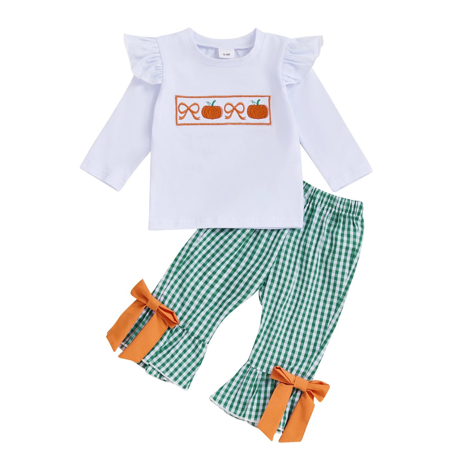 

Kid Girls Pants Set Embroidery Bow Pumpkin T-shirt with Plaid Flare Pants Halloween Clothes