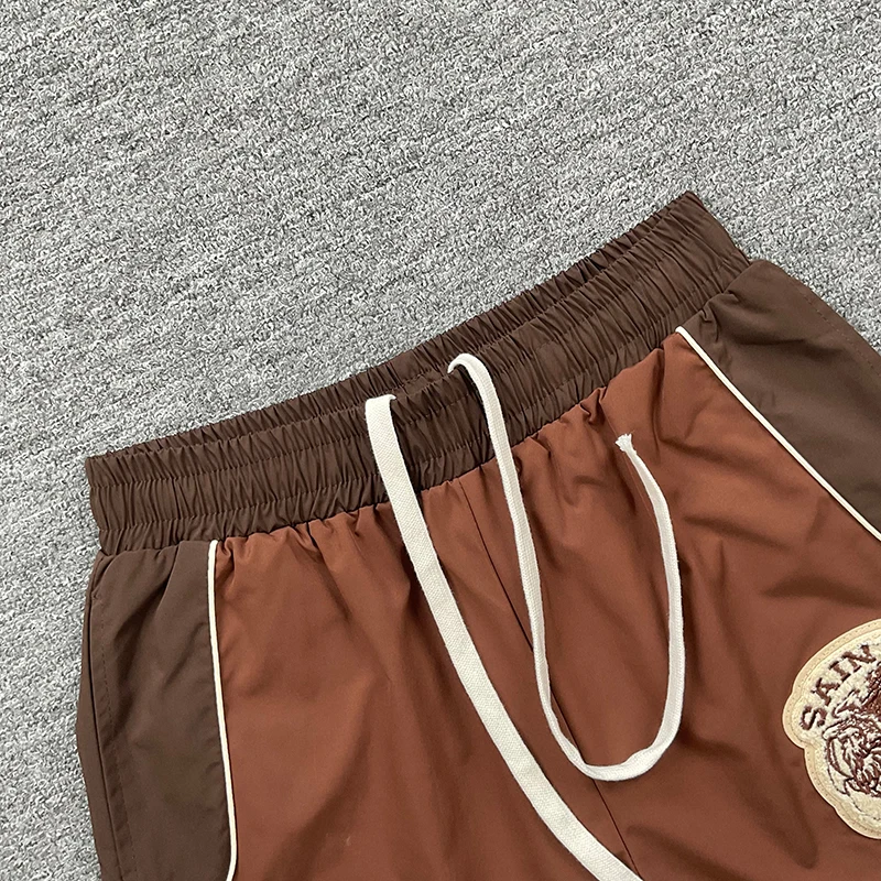 New SAINT VANITY Unisex Retro Street Shorts Chenille Embroidery Patches Contrast Trim Oversized Drawstring Bottoms