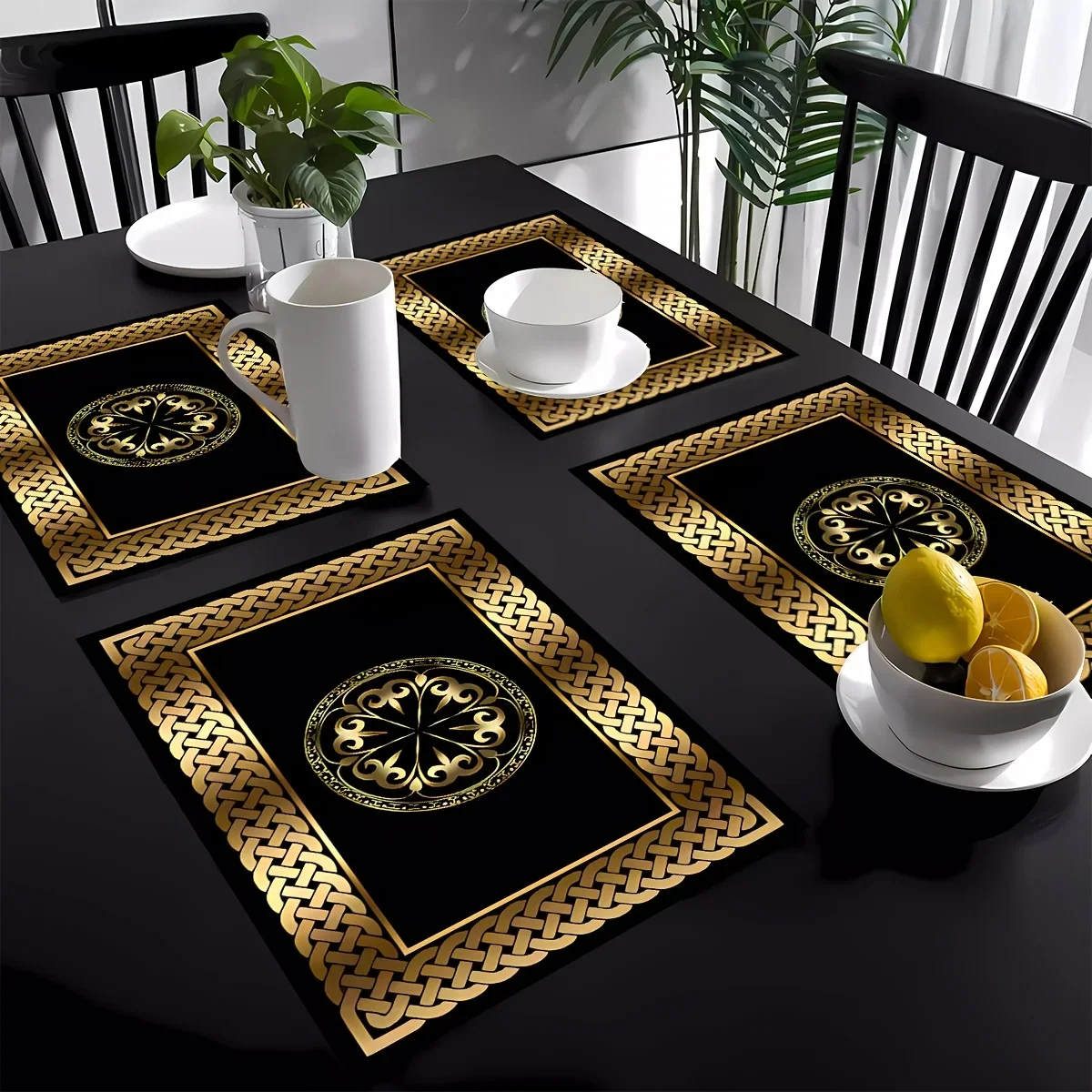 4pcs Luxury Black Gold Plaid Placemats - Woven Polyester Table Mats, Machine Washable, Elegant Dining Decor, Gift, Party, Home