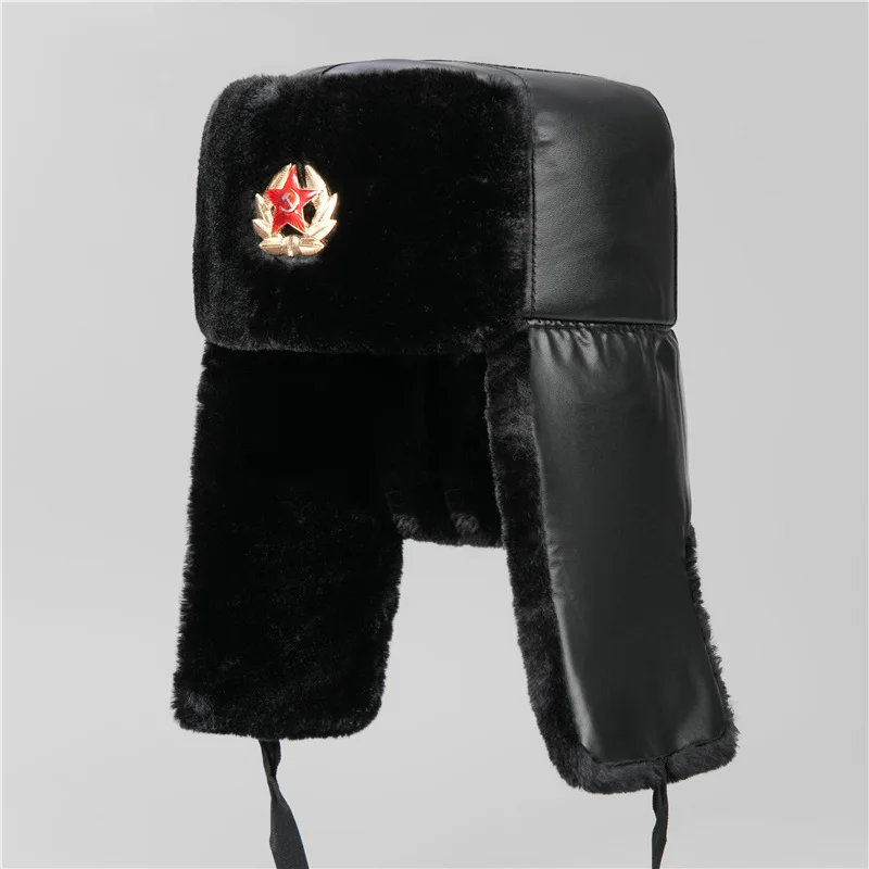 Black Velvet Security Guard Lei Feng Hat, Northeast Windproof and Warm Thickened Leather Hat, Cold-Resistant Cotton Hat