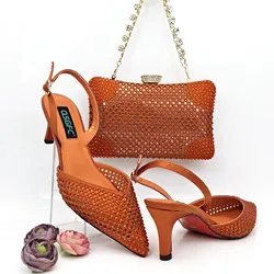 Doershow Italian orange Shoes And Bag Sets For Evening Party With Stones Italian Leather Handbags Match Bags!  HRF1-38