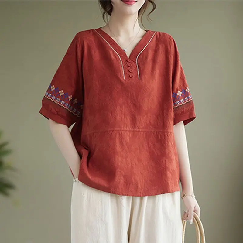 New Women Vintage Embroidery Ethnic Style Blouses Elegant V Neck Short Sleeve Shirts Casual Loose Cotton Linen Tops Summer Blusa