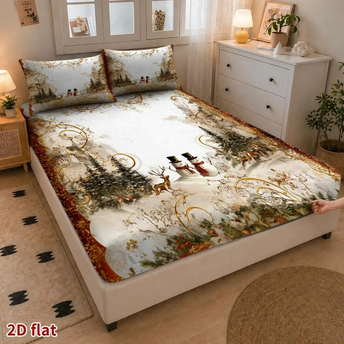 Newest 2D Three-Piece Bedding Set (Includes 1 Fitted Sheet + 2 Pillowcases) Mattress Protector, Christmas Snowman and Reindeer Theme, European Retro Oil Painting Style, Merry Christmas Fitted Sheet Style, Elastic Protector, Holiday Decoration, Various Sizes, Breathable Protector with Pillowcase