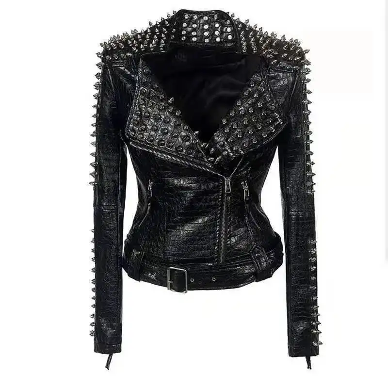

PU leather coat long sleeve jacket fashion women punk Rock black leather Winter multi rivet shortclothing