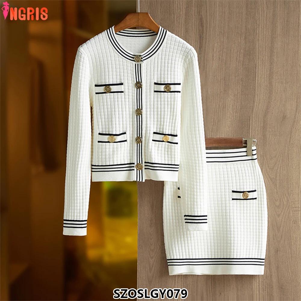 

Spring 2025 new sweater 2 piece set women's casual knitted shirt long skirt suit office ladies-SZOSLGY079