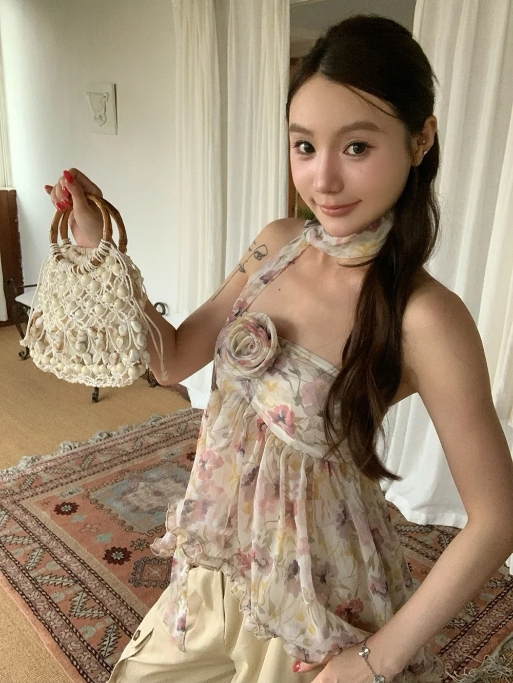 

Summer Pure Desire Design Backless Pleated Floral Top Women's Sleeveless Tube Neck Strap Vest Outerwear Loose Short Length