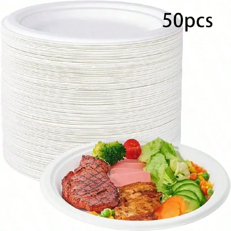 Image of 50 Stück Weiße Plastikteller 9 Zoll Einweg-Teller für Picknick, Geburtstag, Hochzeit, Partybedarf Weiß 9 Zoll