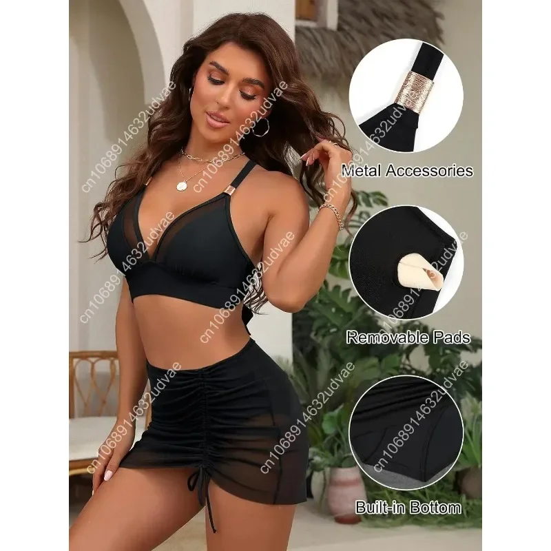 Womens High Wasited Bikini Sets Tummy Control Swimsuits Curvy Mesh Swim Skirt