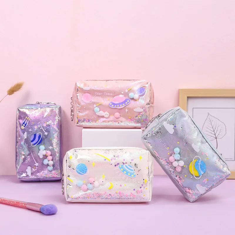 Large Marble Pencil Case Laser Leather Pen Box Big Makeup Bag For Girls Gift PU Office School Travel Supplies Chancery Penalty