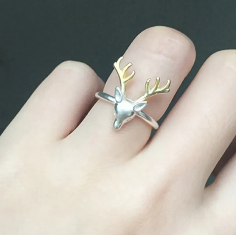 European and American Dual Color Brushed Technology Gold Color Horn Elk Open Ring Women's Christmas Eve Party Jewelry Ring