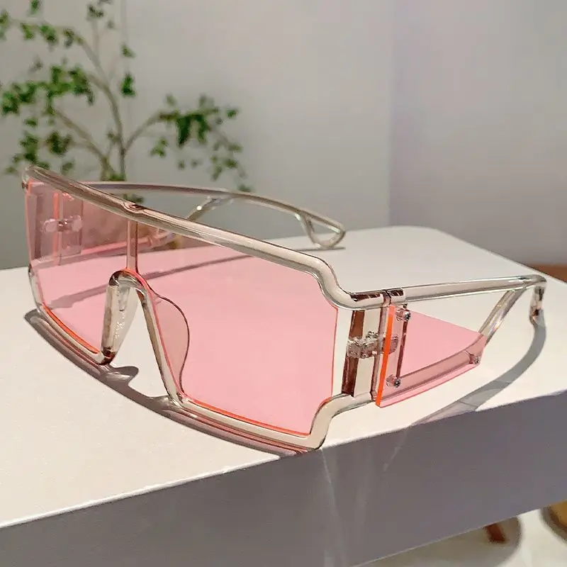 Trendy Conjoined Rectangular Large Frame Sunglasses Punk Casual Hollow Out Mirror Legs Plain Wear Sunglasses Universal