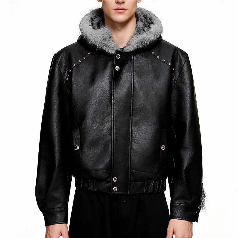 Men's 2025 Autumn Winter New Fleece-Lined Thickened Faux Leather Jacket Hoodies Faux Fur Collar Tops Handsome Loose Parkas Coats