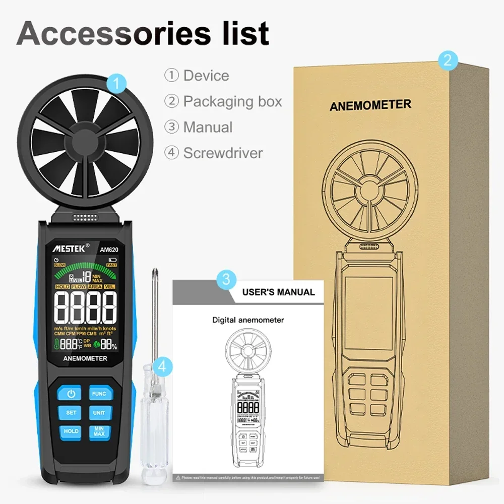 Anemómetro de alta precisión, ventilador de 8 aspas con doble rodamiento, anemómetro Digital con pantalla a Color, medidor de velocidad del viento, herramienta de seis modos de medición