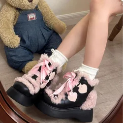 2024 Winter Platform Shoes Lolita Women Boots Plush Lovely Japanese Style Leather Shoes College Pink Bow Thick Sole Ladies Boot