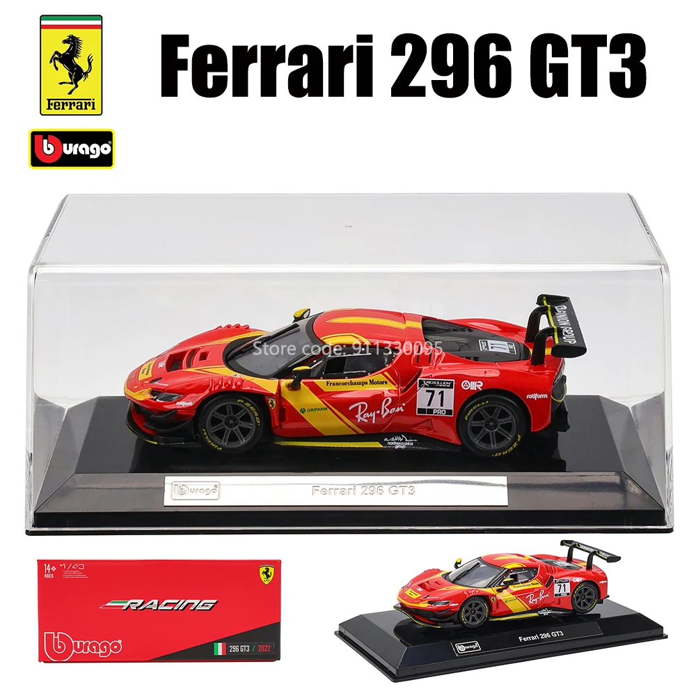 Bburago 1:43 Le Mans Ferrari 296 GT3 2022 488 250 512 Alloy Luxury Vehicle Diecast Pull Back Cars Model Toy Collection Gift