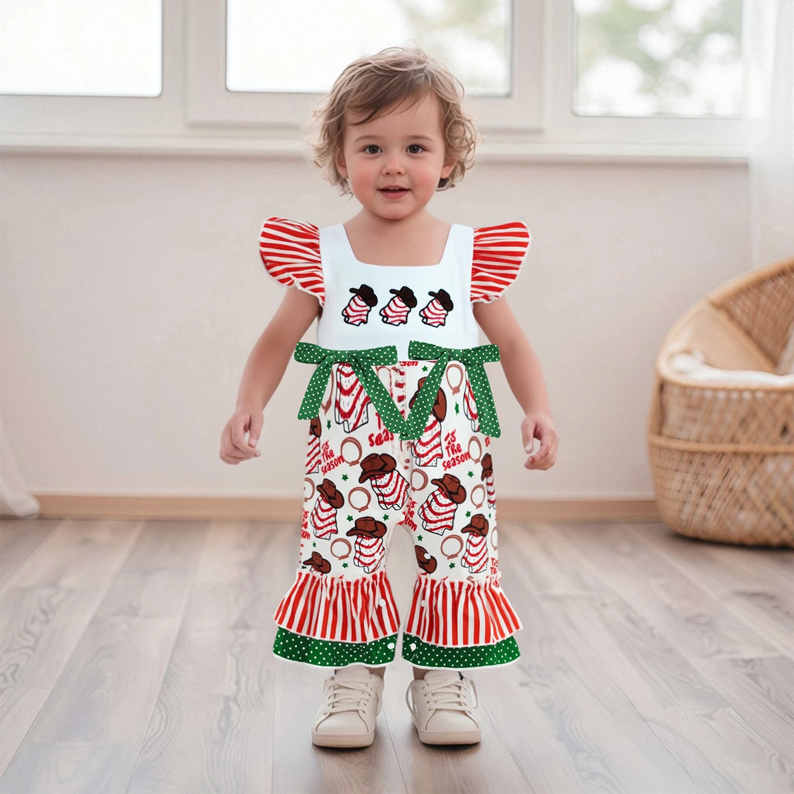 طفلة عيد الميلاد رومبير عارضة نقطة / الطباعة الغربية لطيف القوس يطير الأكمام بذلة للملابس لطيف الوليد #4