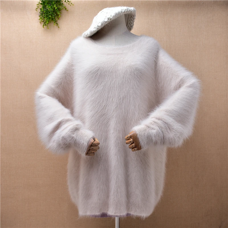 Thanh Lịch Cổ Nữ Nữ 100% Chồn Cashmere Dệt Kim Cổ Tròn Dài Cánh Dơi Tay Rời Lười Oaf Angora Lông Dây Nhảy Áo Len Kéo