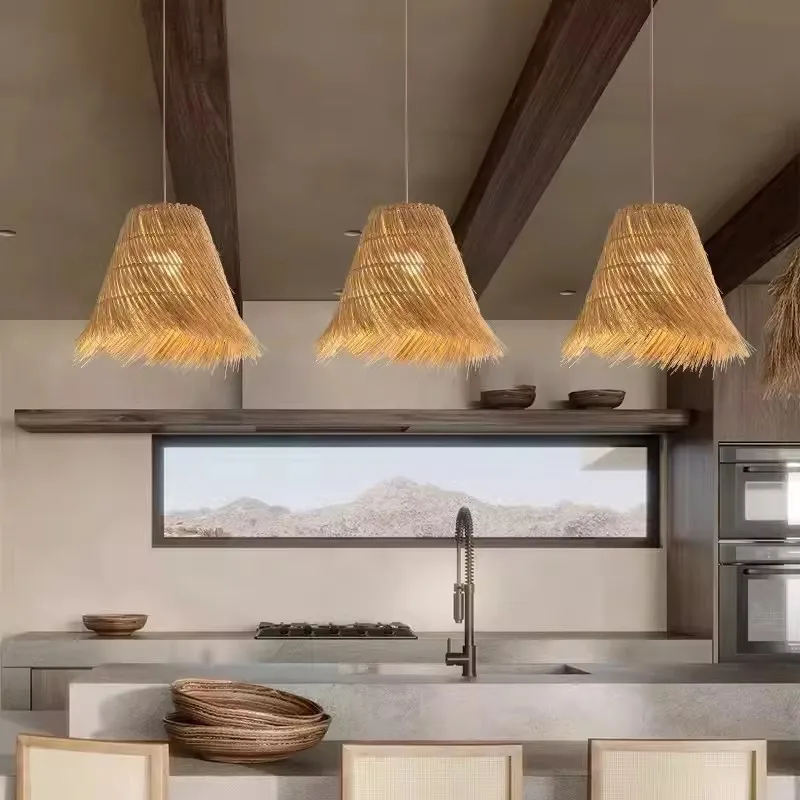 Creative Rattan Chandelier Hand Woven Circular Straw Hat Personalized Countryside Restaurant Bamboo Woven Light