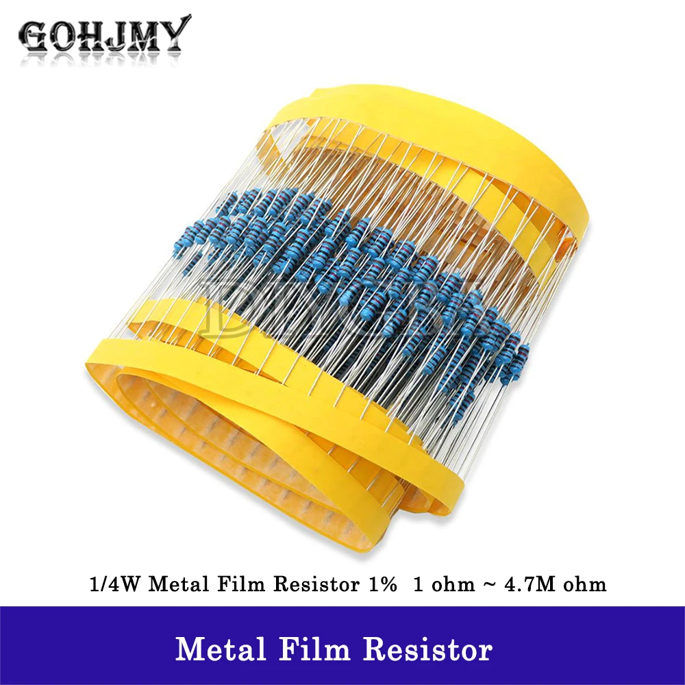 100 buah 1/4W resistor film logam 1% 1R ~ 1M 1K 4.7K 10K 22K 47K 100K 330K 470K 10R 22R 47R 100R 330R 1 2 10 22 47 100 330 ohm