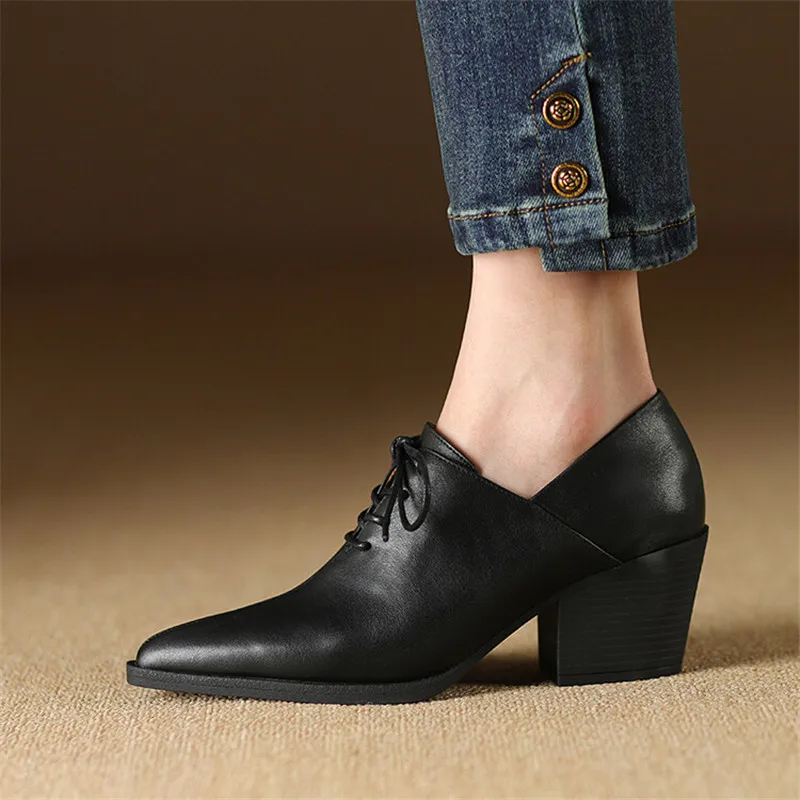 New Spring Genuine Leather Women Shoes Pointed Toe Women Pumps Fashion High Heel Loafers Shoes for Women Chunky Heel Shoes Black