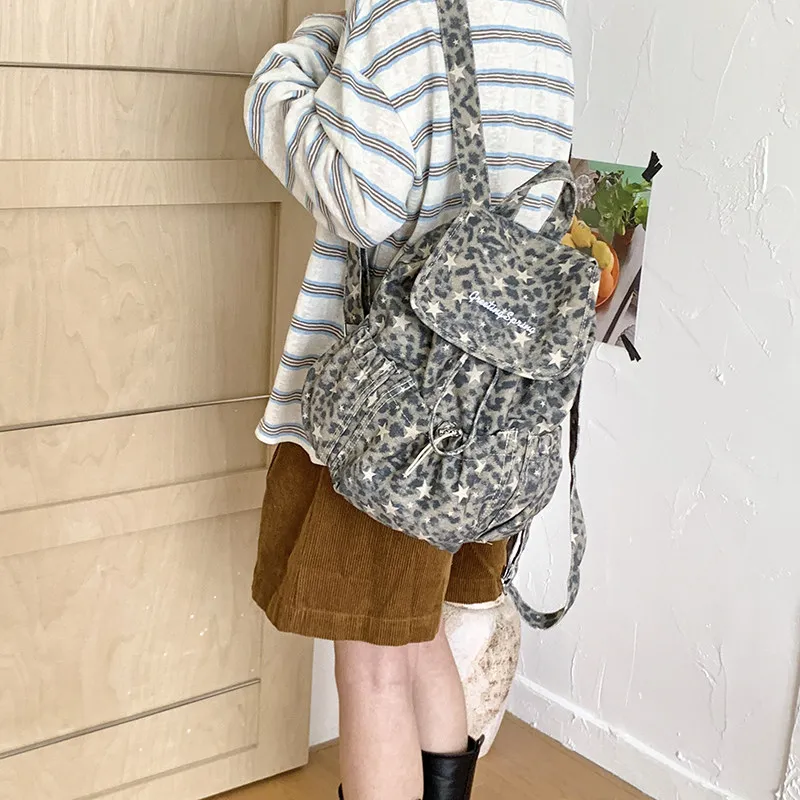 Autumn and winter leopard print backpack, Korean-style polka dot design, unique canvas school bag, drawstring casual outdoor hik