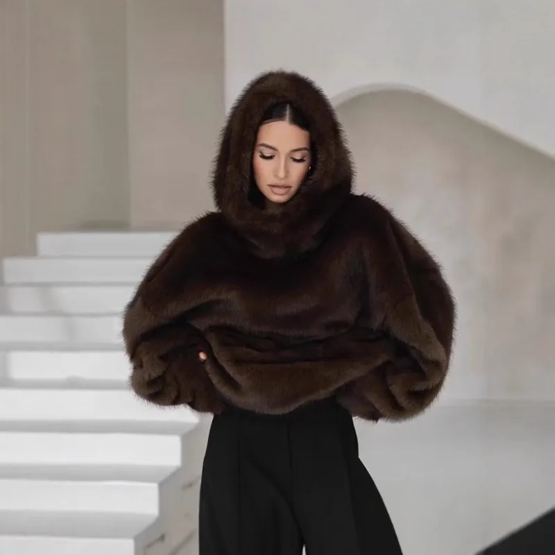 Women's Autumn Winter Tops Hoodie Faux Fur Hooded Retro Oversized Thickened New Minimalist Comfortable Stylish Niche Versatile