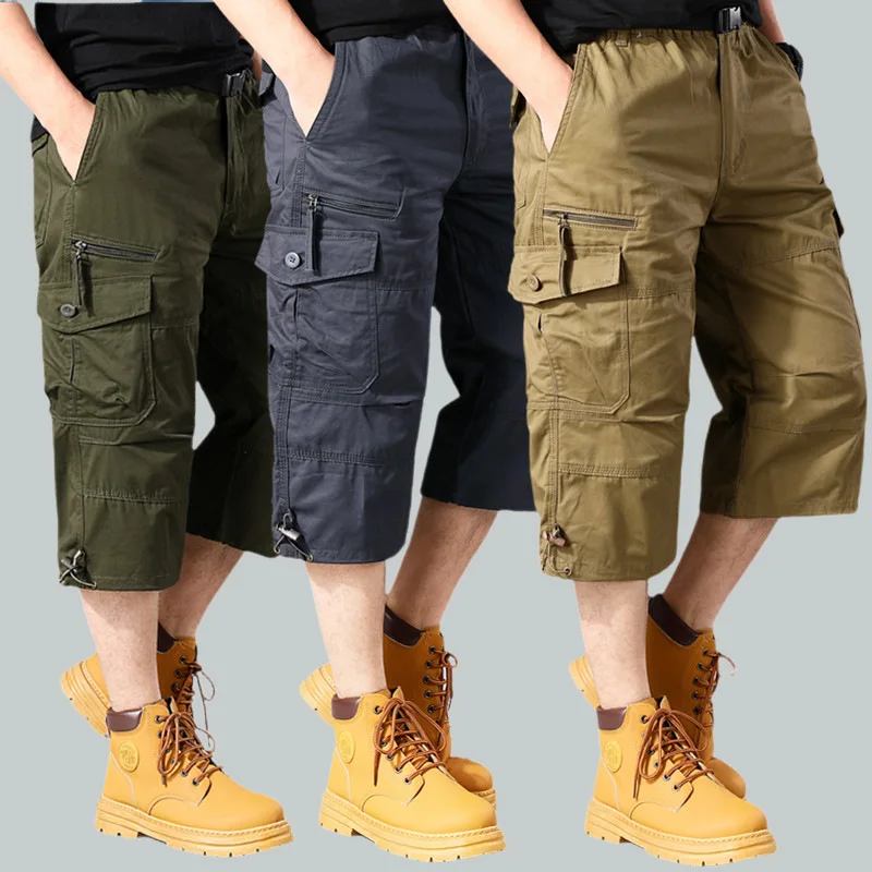 

Knee Length Cargo Shorts Men's Summer Casual Cotton Multi Pockets Breeches Cropped Short Trousers Camouflage Shorts