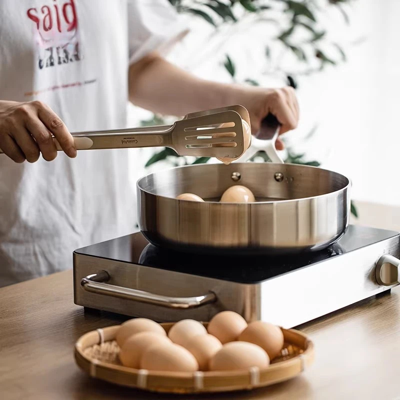 24cm Stainless Steel Nonstick Frying Pan Deep Saute Pot with Lid French Style Induction Kitchen Cookware Anti-scald Cooking Pans