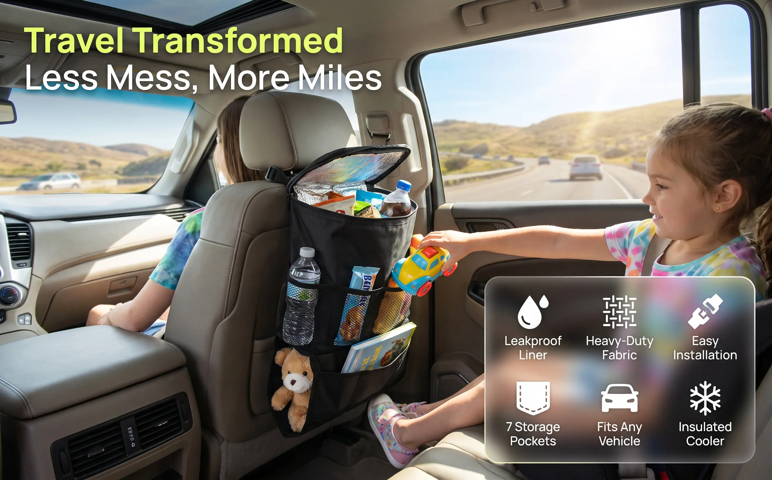 Multi-Pocket Car Seat Back Organizer with Insulated Zippered Compartment for Drinks Snacks Phone Umbrella Tissue Magazines Cd