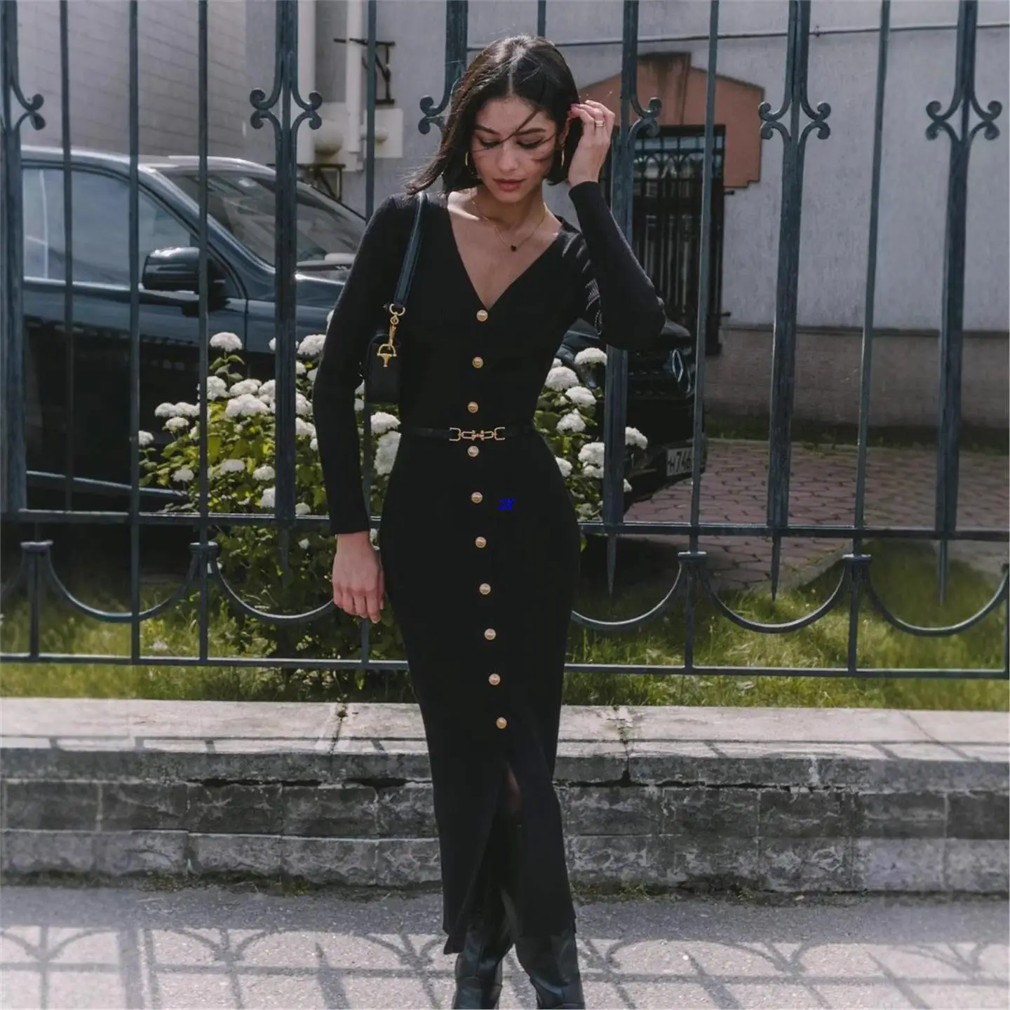Ele High Waist Knitted Dr Long Sve Single Button Sweater Long Skirt Women's Faion Autumn Winter High Quali Fabric