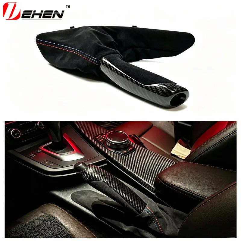 Alcantara Handbrake Handle with Carbon Fiber Gear Shift Knob Selector Trim For BMW F30 F31 F32 F33 F36 F80 F81 F82 F83 F84
