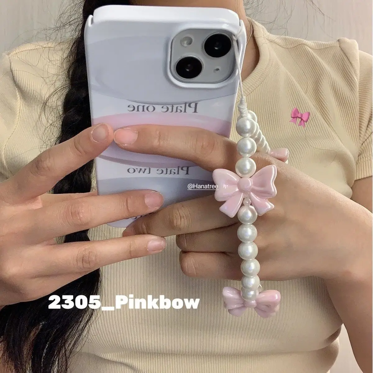 Original Design Pink Pearl Bow Phone Chain Cute Beaded Phone Lanyard For CCD Camera & Phone Case