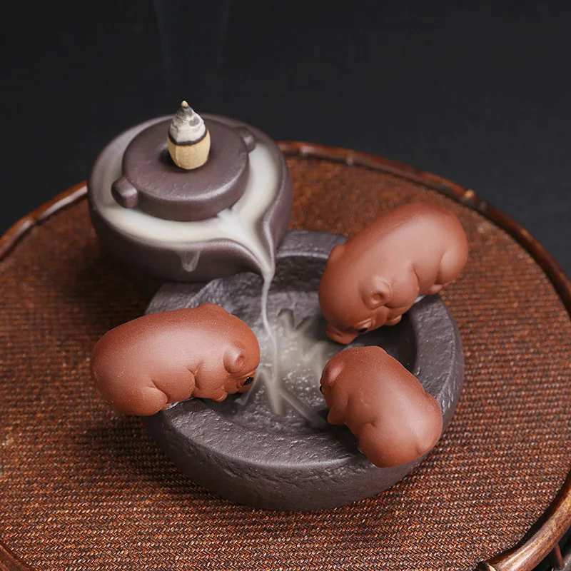 Ceramic Handicraft Lucky Pig Home Ornaments Waterfall Backflow Incense Incense Holder Purple Clay Censer