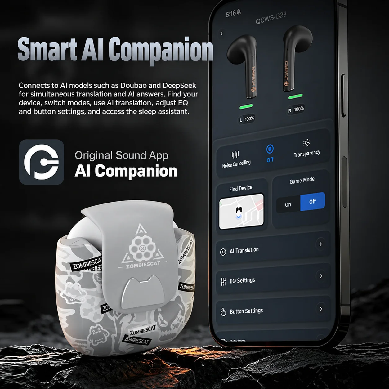 ZOMBIESCAT B28 TWS Bluetooth 6.0 Earbuds AI Translation Low Latency Game Mode 13mm HiFi Driver Semi-In-Ear Earphones 24H Battery