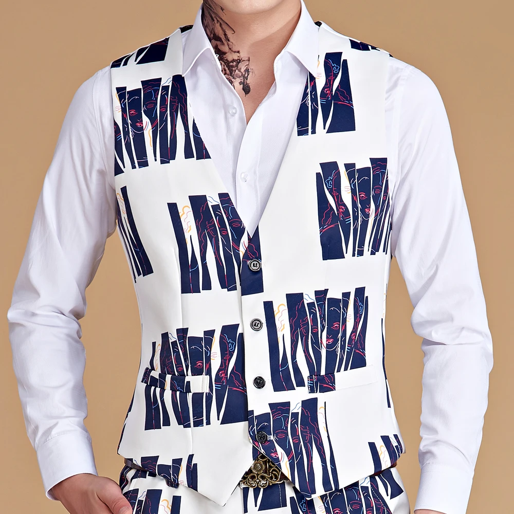 Mens Printing Suit Vest New Fashion Casual High Quality Single Breasted Slim Large Size Business Vest Waistcoat Man