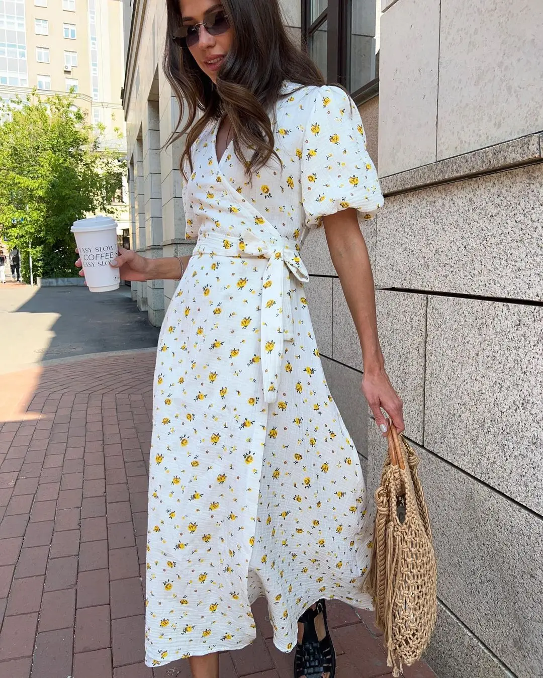 Bornladie Damen Bedrucktes Schnürkleid Sommer Kurzarm Mode Büro-Damen Langes Kleid 100% Baumwolle Alltägliches Freizeitkleid mit V-Ausschnitt – Detail 7