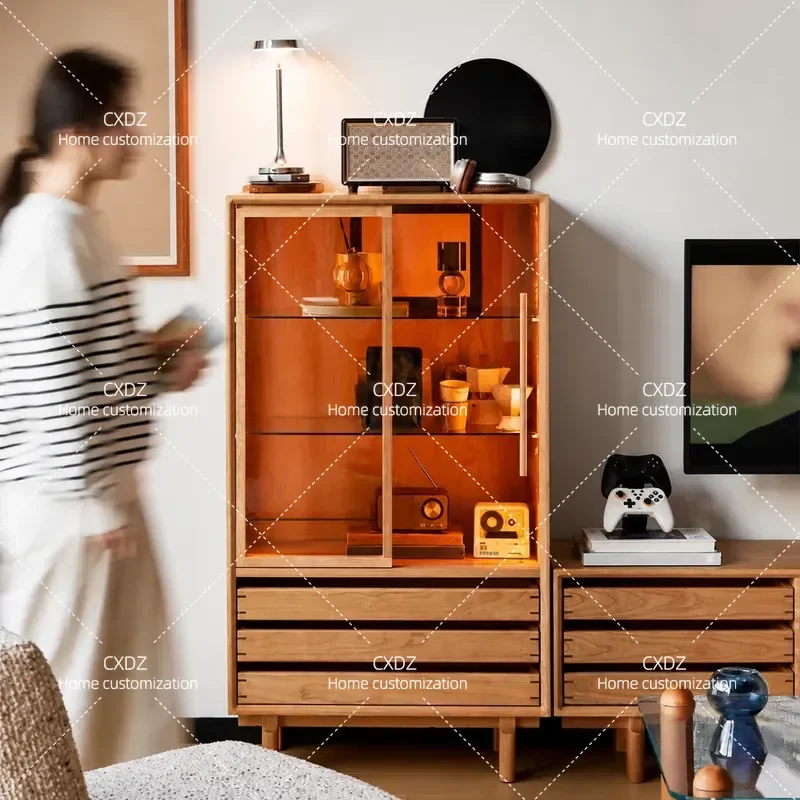 Nordic Solid Wood Side Cabinet Dustproof Display Bookcase Small Apartment Living Room Storage Cherry Wood Locker