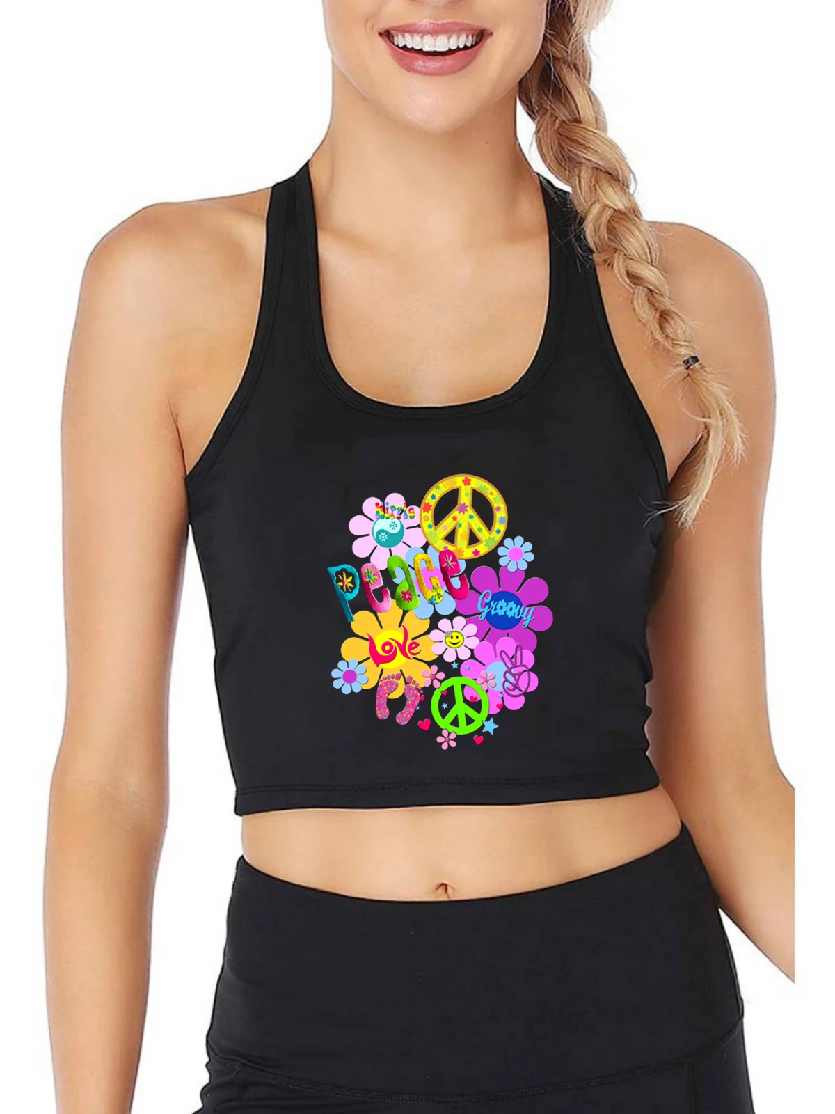 

Hippie Peace And Love Clip Art Sexy Breathable Slim Crop Top Girl's Street Fashion Tank Tops Flower Power Peace Sign Camisole