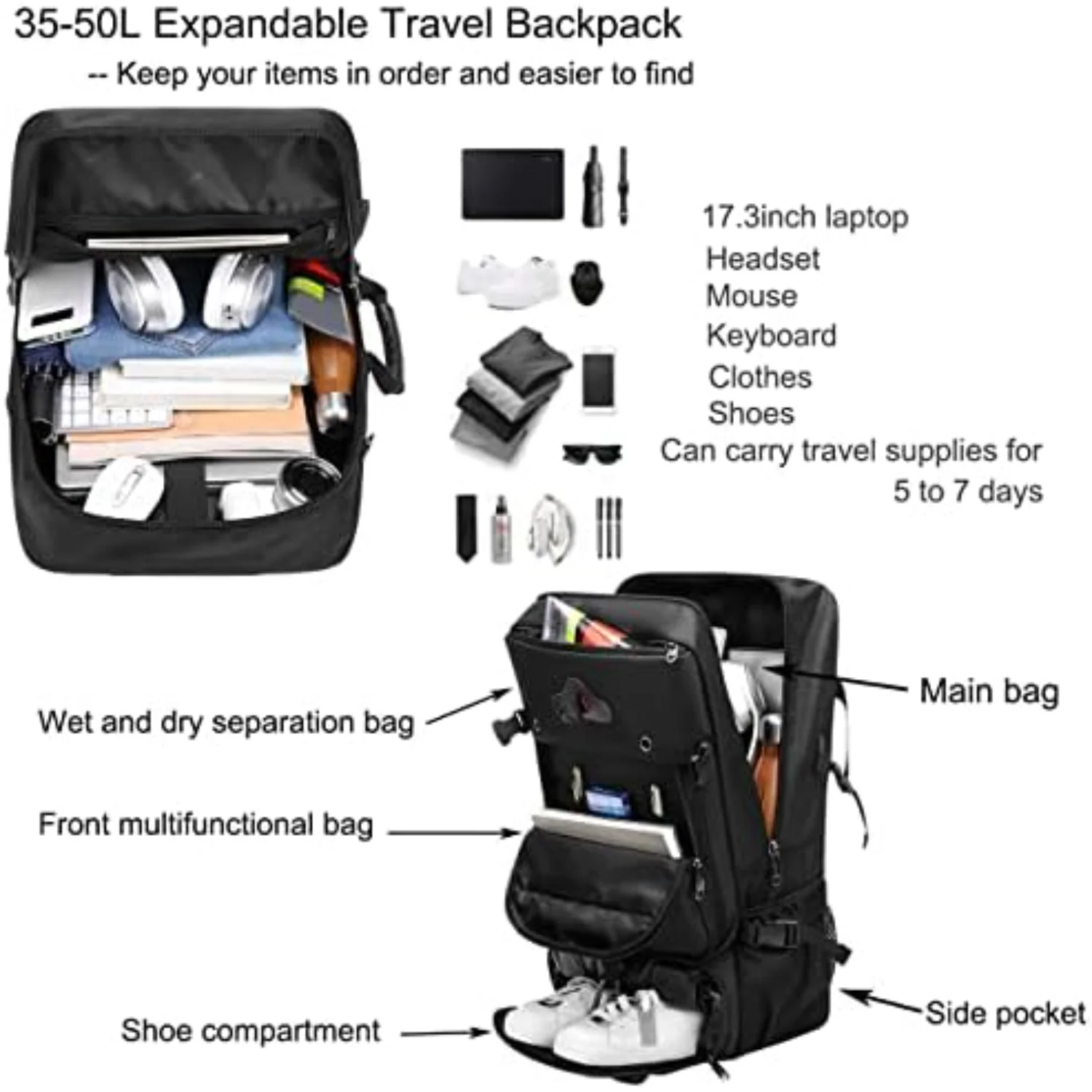 DBNAU Travel Backpack 35-50L with Shoe Compartment, USB Port, Laptop Sleeve, Airline Approved, Waterproof, Durable for Men