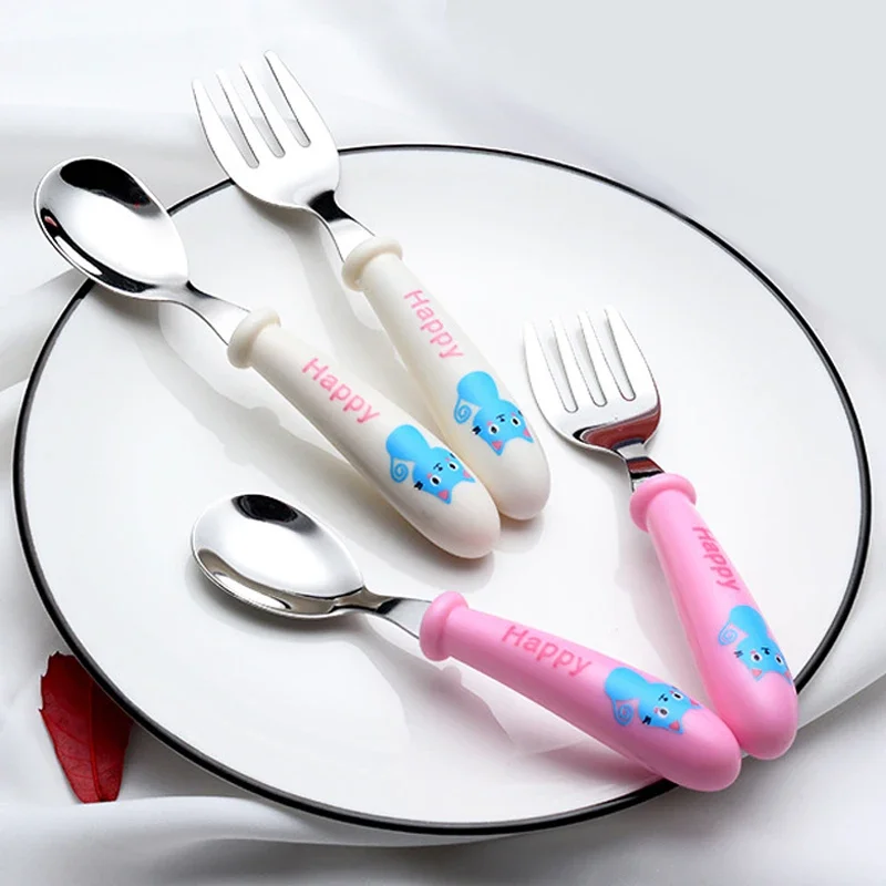 2pcs/Set Baby Gadget Tableware Children Utensil Stainles Steel Toddler Dinnerware Cutlery Cartoon Infant Food Feeding Spoon Fork