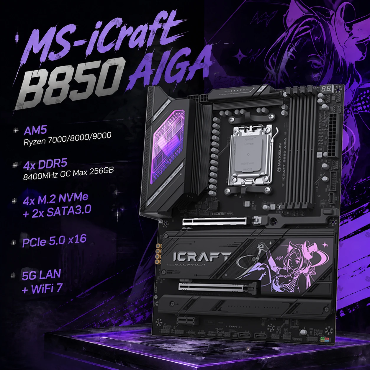 MAXSUN MS-iCraft B850 AIGA Motherboard AM5 AMD B850 Ryzen 7000 8000 9000 DDR5 256GB PCIe 5.0 4 M.2 5GbE WiFi 7