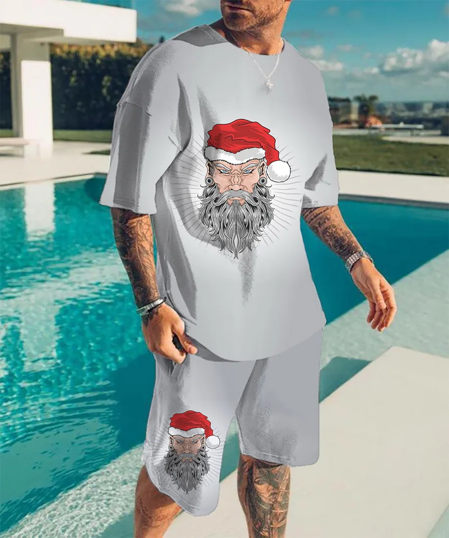 2022 New Summer Men\'s Suit Casual Beach Shorts Suit Santa Claus 3D Printing Short Suit Ordinary O-Neck T-Shirt 2 Piece Set