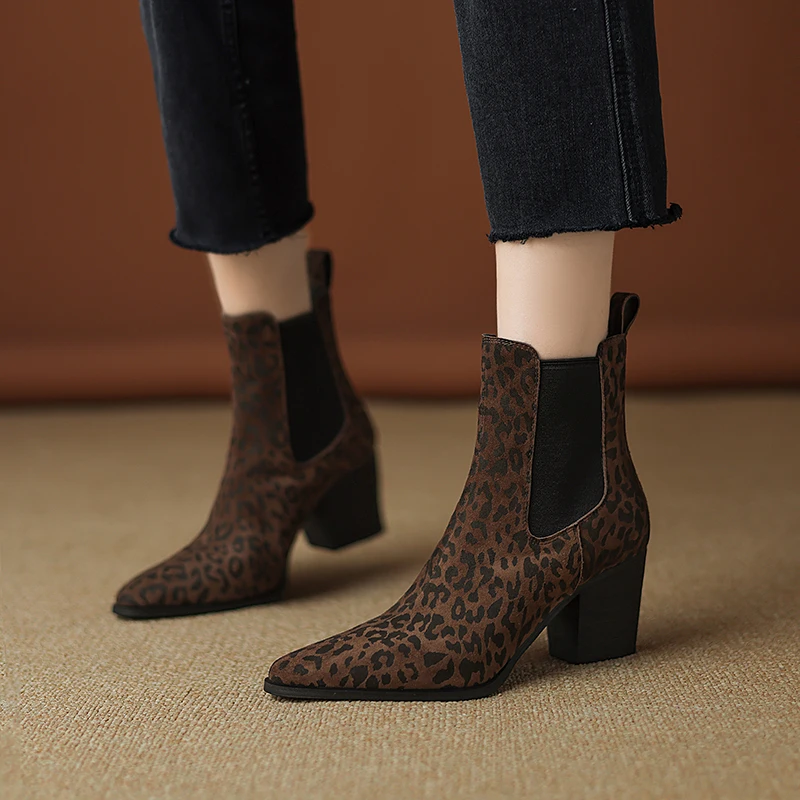 

Handmade Genuine Leather Leopard Print Women Chelsea Boots Elastic Band Fashion Ankle Boots Pointed Toe Booties