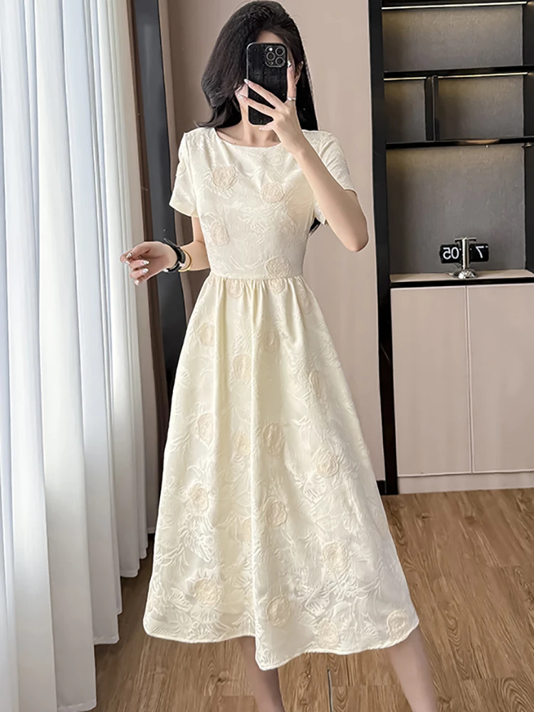Zomer Witte Jacquard Bloemen Korte Mouw O-hals Lange Jurk Vrouwen Elegant Casual Thuis Jurk 2025, Koreaanse Bodycon Festival Jurken