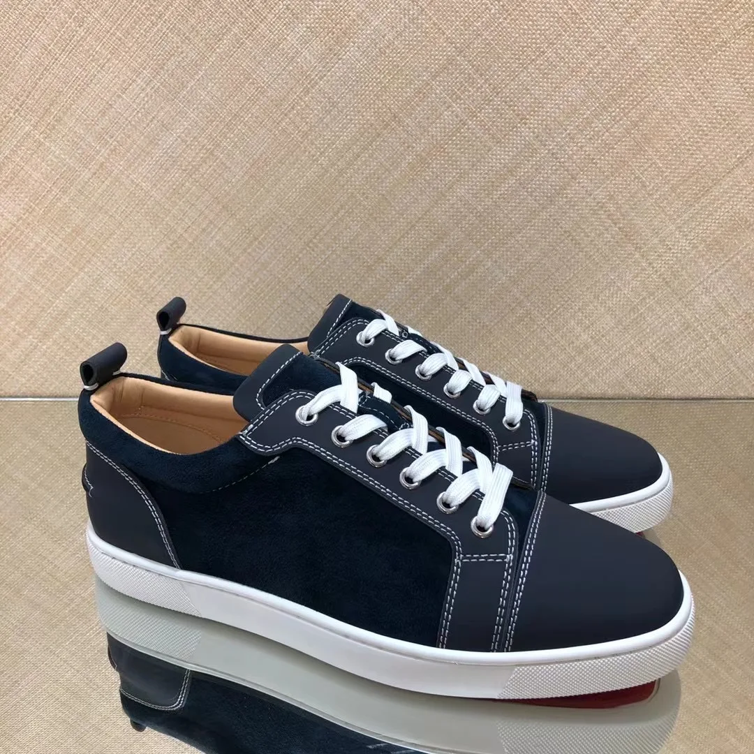 

Luxury Men's Low Top Rivets Casual Shoes Flats Lace Up Footwear Fashion Sneakers Black Suede Leather Red Sole Shoes For Men