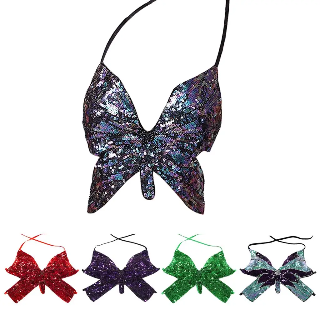 Women's Belly Dance Costume Sequin Butterfly Halter Tops Party Festival Club Wear Bra Tops Costumes