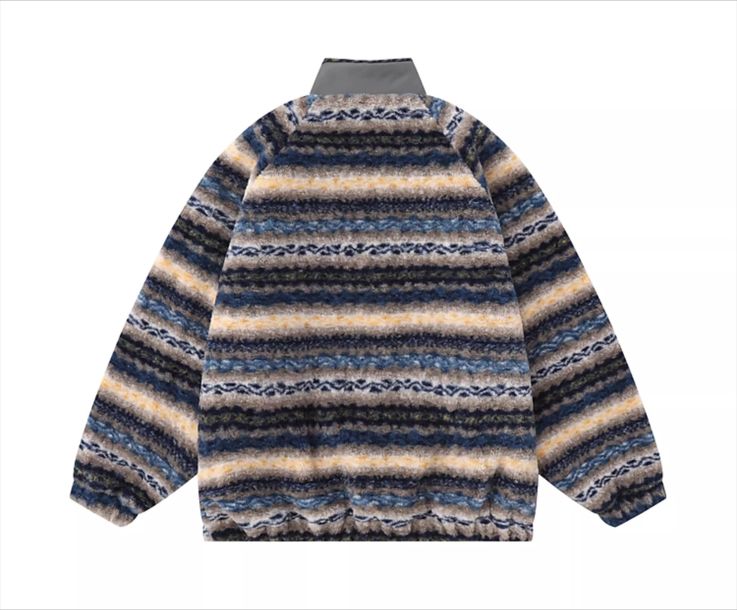 Winter New Vintage Design Men's Yellow Color Block Striped Jacket American Loose Casual Blue Lamb Wool Thick Cotton Jacket