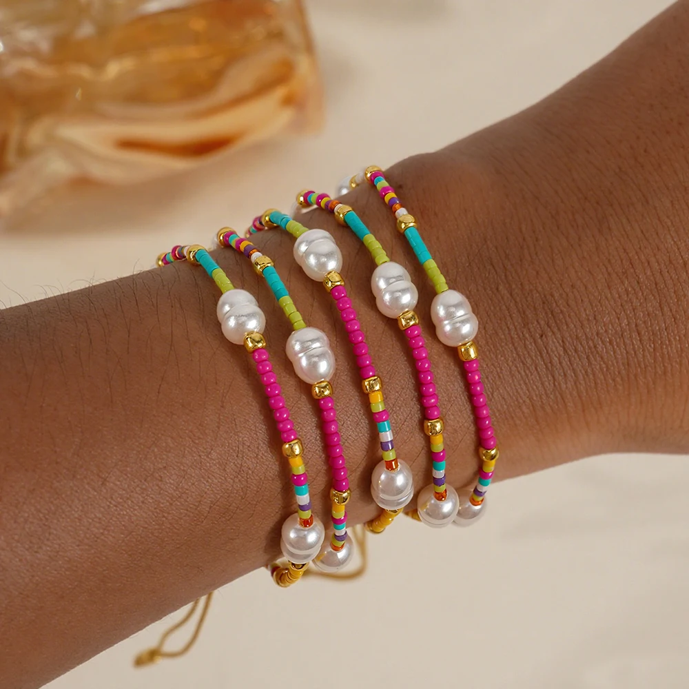 

2/3/4/5PCS Colorful Beaded Stackable Bracelets with Irregular Pearls – Gold Adjustable Cord Boho Summer Jewelry for Women