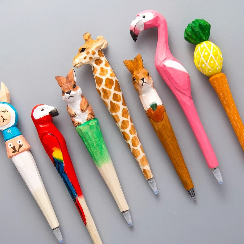 Handmade Animal carved wood pen ballpoint pens for Writing Drawing school stationery supplies Novelty Christmas giftToys