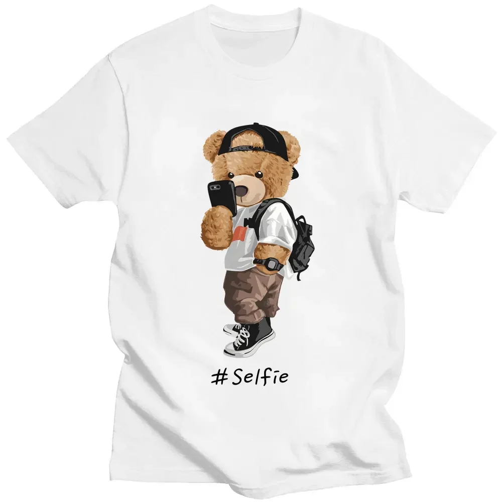 Funny Selfie Bear Print T Shirt Cotton Men Teens Short Sleeve Street Hipster T-shirt Cozy o-neck Summer Casual Round Collar 2024